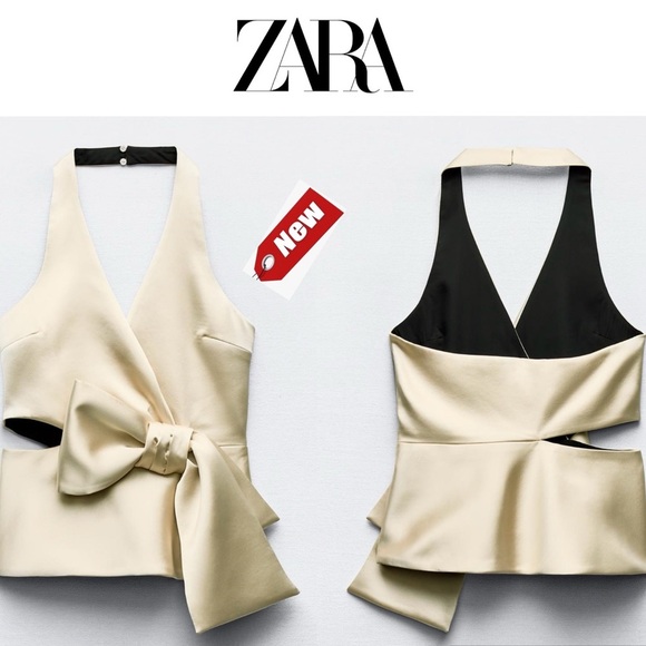Zara satin Bow tie cut-out side opening halter top V-neck in soft gold Sz L NWT - Picture 1 of 16